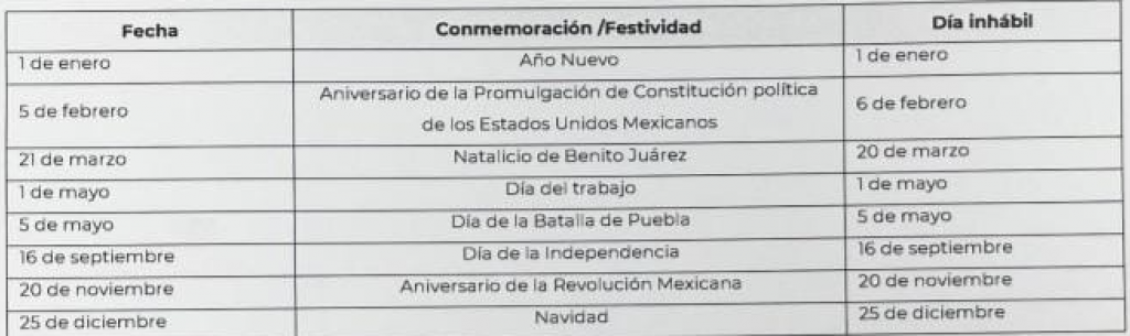 Días inhábiles y festivos 2023